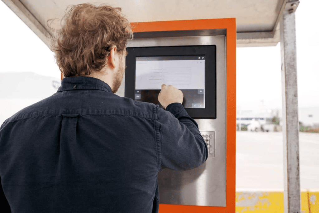 Someone using a Peripass kiosk